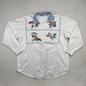 Vtg 90s Embroidered Floral White Button Up Shirt Denim Collar Sz L Cottage Boho